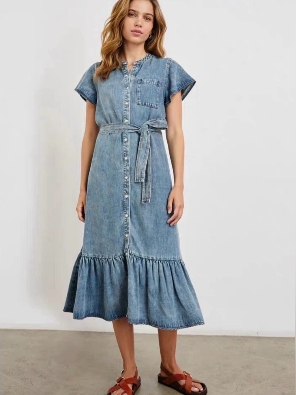 Rails Kahlo Mid Blue Wash Denim Ruffle Midi Dress Size S ($238)